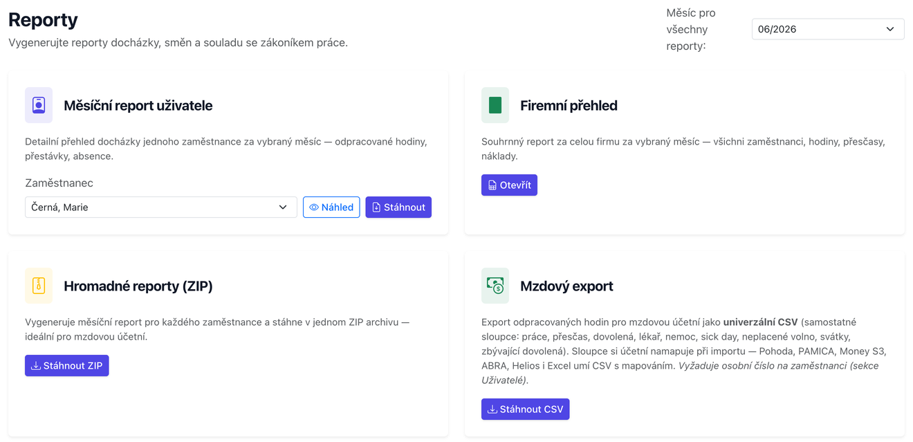 Skutečný screenshot: reporty — měsíční přehledy, mzdový export, uzávěrka